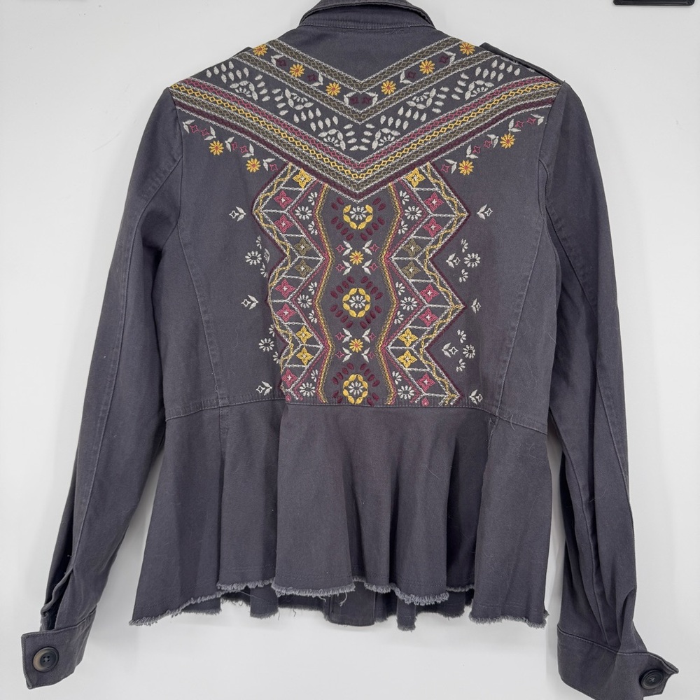 Knox Rose Gray Embroidered Peplum Jacket with Pink & Yellow Accents